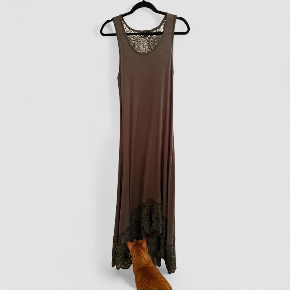 Cupio Olive Green Crochet Midi Dress | High-Low Hem | Size Small